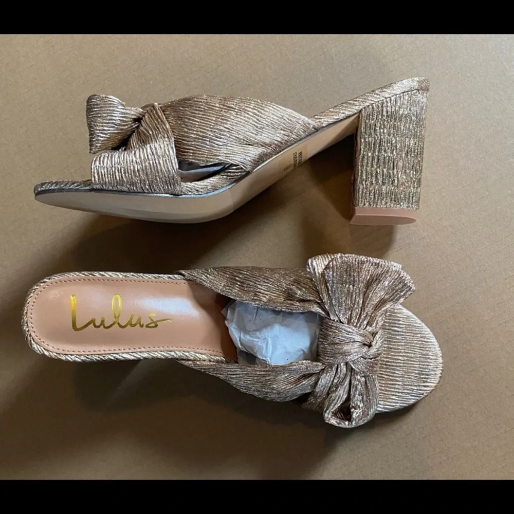 New Lulus Dorothea Metallic Rose Gold Bow Slip On Block Heel Size 10 - Picture 5 of 8